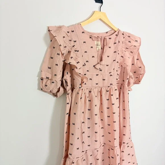 Umgee Pink Bow Print Ruffle Babydoll Mini Dress Linen Blend Medium Cottagecore - Picture 4 of 8